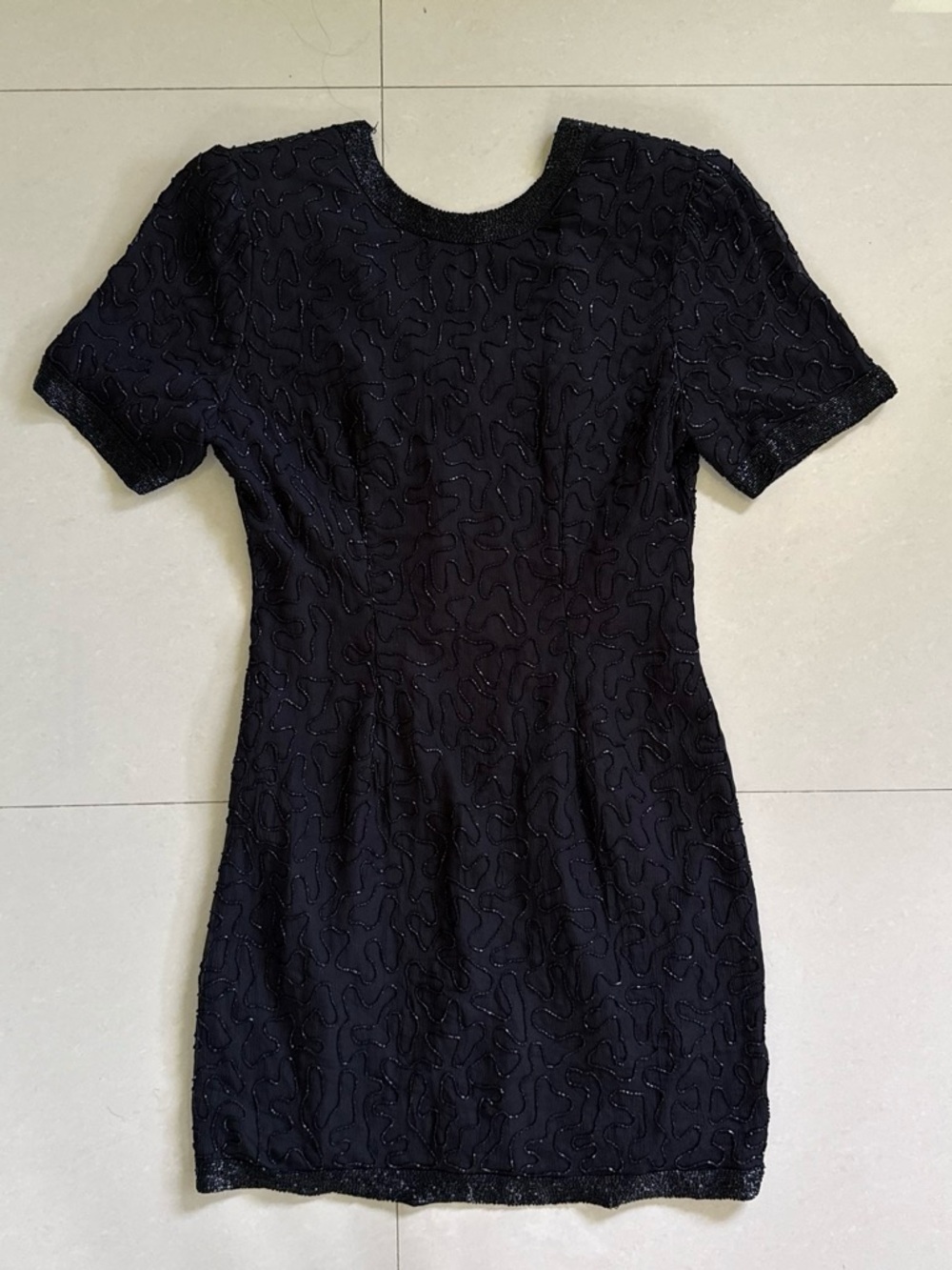 Vintage Stenay 100% Silk Black Beaded Short-Sleeve Mini Dress